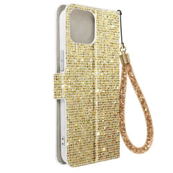 Étui pour iPhone 14 Pailleté Disco Portefeuille AVIZAR - Jaune - Support vidéo - Coque Rigide