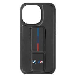 Coque pour iPhone 15 Pro Simili Cuir Béquille Support BMW Noir