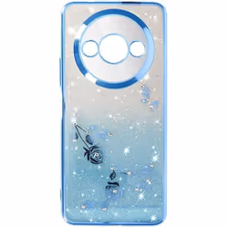 Coque pour Xiaomi Redmi A3 - AVIZAR - Fleurs avec des paillettes - Silicone souple - Bague de maintien - Bleu