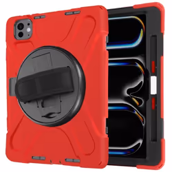 Coque Antichoc - iPad Pro 13 2024 - Rouge - Poignée Rotative - Sangle de Transport - Multicouche