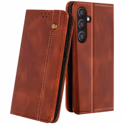Étui pour Samsung Galaxy S24 FE - AVIZAR - Clapet Portefeuille Surpiqué - Marron - Cuir Vegan