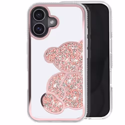 Coque pour iPhone 16 - AVIZAR - Ourson pailleté - Contour à strass brillant - Rose