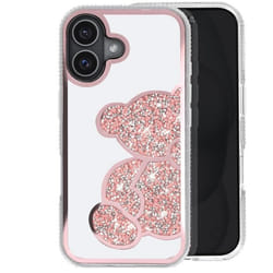 Coque pour iPhone 16 - AVIZAR - Ourson pailleté - Contour à strass brillant - Rose
