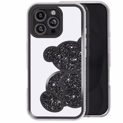 Coque pour iPhone 16 Pro Max - AVIZAR - Ourson pailleté - Contour strassé brillant - Noir