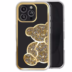 Coque Ourson pour iPhone 16 Pro Max Motif Strassé Contour Brillant Dorée