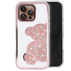 Coque pour iPhone 16 Pro Max - AVIZAR - Motif ourson pailleté - Contour brillant à strass - Rose