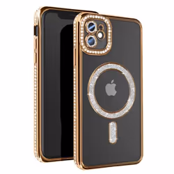 Coque de protection AVIZAR pour iPhone 11 - Contour Strass Dorée - Compatible MagSafe