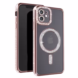 Coque Diamant pour iPhone 12 Protection MagSafe Contour Strass Rose Champagne