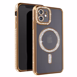 Coque de protection AVIZAR pour iPhone 12 - Contour Strass Dorée - Compatible MagSafe