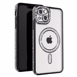 Coque Diamant pour iPhone 13 - AVIZAR - Contour Strass Noir - Protection MagSafe