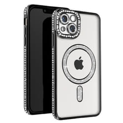 Coque Diamant pour iPhone 13 - AVIZAR - Contour Strass Noir - Protection MagSafe