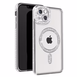 Coque de protection AVIZAR pour iPhone 13 - Contour Strass Argent - Compatible MagSafe