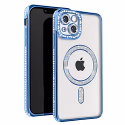 Coque Diamant pour iPhone 14 - AVIZAR - Contour Strass Bleu Clair - Rigide - Synthétique - Mixte