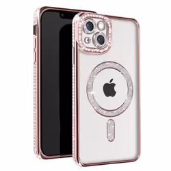 Coque Diamant pour iPhone 14 - AVIZAR - Contour Strass - Rose - Protection MagSafe