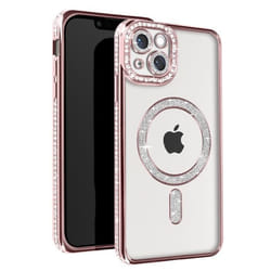 Coque Diamant pour iPhone 14 - AVIZAR - Contour Strass - Rose - Protection MagSafe