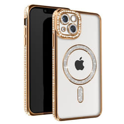 Coque Diamant pour iPhone 14 - AVIZAR - Contour Strass Dorée - Compatible avec les accessoires MagSafe