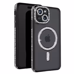 Coque Diamant pour iPhone 15 - AVIZAR - Contour Strass Noir - Protection MagSafe