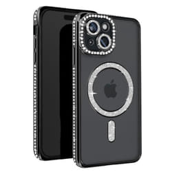 Coque Diamant pour iPhone 15 - AVIZAR - Contour Strass Noir - Protection MagSafe