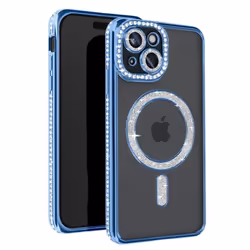 Coque Diamant pour iPhone 15 - AVIZAR - Contour Strass Bleu Clair - Protection MagSafe
