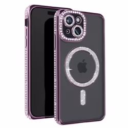 Coque de protection AVIZAR pour iPhone 15 - Contour Strass Violet - Compatible MagSafe