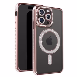 Coque Diamant pour iPhone 15 Pro - AVIZAR - Contour Strass - Rose Champagne - MagSafe