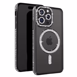 Coque Diamant pour iPhone 15 Pro Max - AVIZAR - Contour Strass Noir - Protection MagSafe