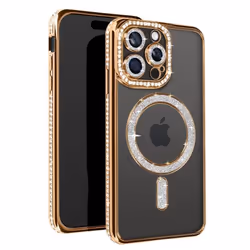Coque Diamant pour iPhone 15 Pro Max - AVIZAR - Contour Strass Dorée - Compatible MagSafe
