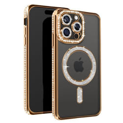 Coque Diamant pour iPhone 15 Pro Max - AVIZAR - Contour Strass Dorée - Compatible MagSafe