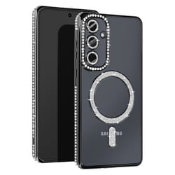 Coque rigide AVIZAR pour Samsung Galaxy A55 - Contour Strass noir - Compatible MagSafe