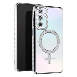 Coque Diamant pour Samsung Galaxy A15 - AVIZAR - Contour Strass - Anneau Magnétique MagSafe - Dos Transparent