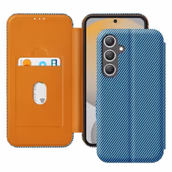 Étui pour Samsung Galaxy S24 FE - MARQUE - Fibre de Carbone - Support Vidéo - Anti-RFID - Bleu