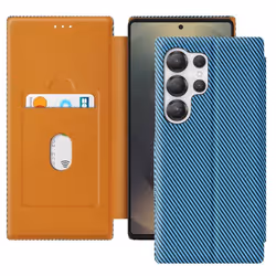 Étui pour Samsung Galaxy S25 Ultra - MARQUE - Fibre Carbone - Support Vidéo - Anti-RFID - Bleu
