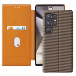 Étui pour Samsung Galaxy S24 Ultra - MARQUE - Fibre Carbone - Support Vidéo - Anti-RFID - Marron