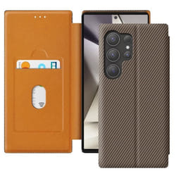 Étui pour Samsung Galaxy S24 Ultra - MARQUE - Fibre Carbone - Support Vidéo - Anti-RFID - Marron