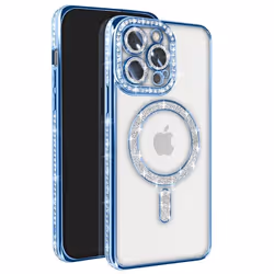 Coque - Diamant - iPhone 13 Pro - Strass Bleu - Rigide - Compatible MagSafe