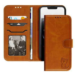 Étui pour iPhone 16e - Non spécifié - Motif Chat Heureux - Simili cuir - Marron clair - Antichoc
