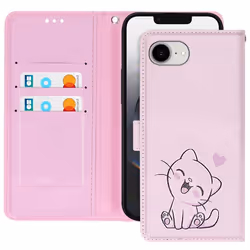 Étui pour iPhone 16e - Kawaii - Rose Poudré - Simili cuir - Dragonne amovible - Support vidéo