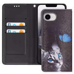 Étui pour iPhone 16e - Noname - Motif Chat et Papillon - Simili cuir - Dragonne amovible - Support vidéo