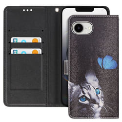 Étui pour iPhone 16e - Noname - Motif Chat et Papillon - Simili cuir - Dragonne amovible - Support vidéo
