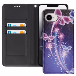 Étui pour iPhone 16e Motif Papillon lumineux Dragonne et Porte-Carte Noir
