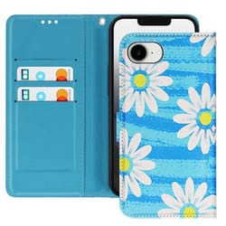 Étui pour iPhone 16e - Motif Marguerite - Simili cuir - Dragonne amovible - Support vidéo intégré - Bleu