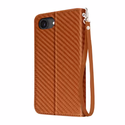 Étui Portefeuille - Carbone - iPhone 16e - Marron - Support Vidéo - Dragonne Incluse
