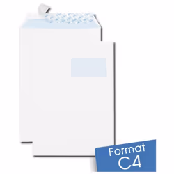 Format 229 x 324 mm type C4 pour feuille A4 non pliée Pochette = ouverture petit côté - Papier velin blanc 90 g/m² - Patte de ...