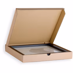 Boîte carton avec couvercle charnière type boîte à pizza - Qualité simple cannelure. - Bonne finition avec extérieur écru (ma ...