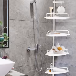 ID MARKET - Etagère dangle de douche télescopique chromée 4 tablettes blanches