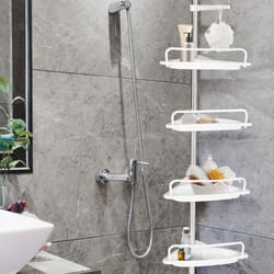 ID MARKET - Etagère dangle de douche télescopique chromée 4 tablettes blanches