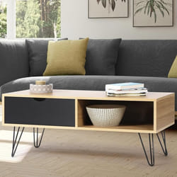IDMARKET Table basse vintage rectangulaire NOEMI pied épingle bois tiroir noir