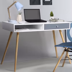 IDMARKET Bureau scandinave EFFIE bois blanc tiroir gris