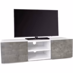 Description générale Le meuble TV contemporain blanc aux portes effet béton ELI apporte une touche de mobilier industriel à v ...