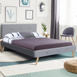 IDMARKET Lit double scandinave OSLO avec tête de lit et sommier 160 x 200 cm tissu gris clair